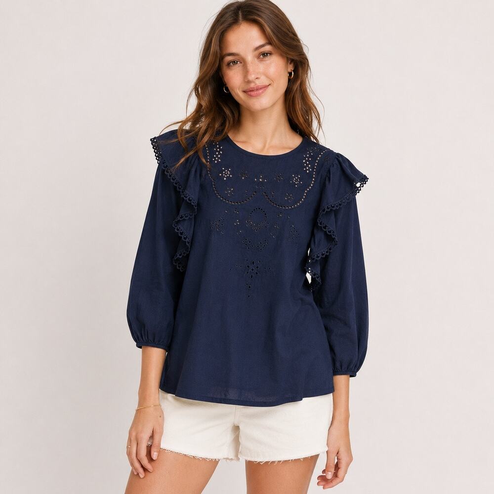 J Crew Embroidered Ruffle Sleeve Top Blouse Women Size XS Navy Blue Cotton AW135